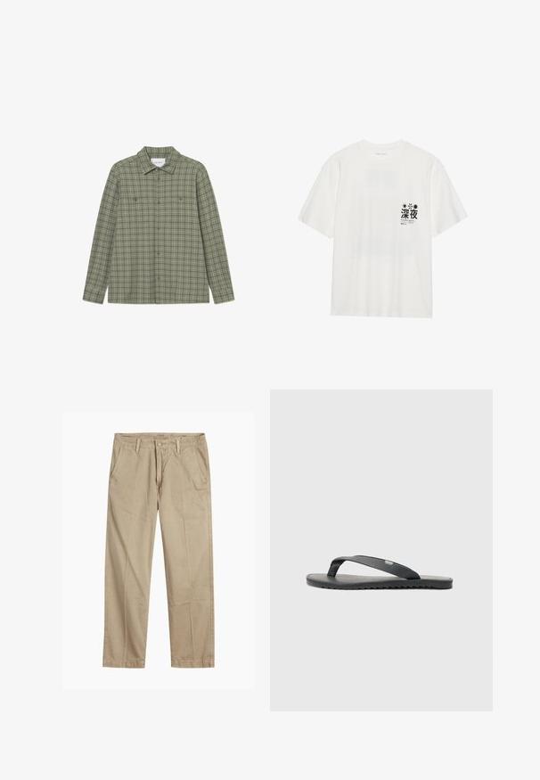 Vihreä ruudullinen nappipaita, jossa on kärkipartainen kaulus, pitkät hihat, kaksi rintataskua ja rento malli. Valmistettu teksturoidusta kankaasta.; Valkoinen puuvillainen T-paita lyhyillä hihoilla. Oikealla rintakehällä musta graafinen printti, jossa on tekstiä ja kuvioita, mukaan lukien tähtiä.; Beige suorat lahkeet chinosit vyölenkkeillä, etupainike- ja vetskarikiinnitys sekä viistot etutaskut.; Musta flip-flop teksturoiduilla remmeillä, tasapohjalla ja sahalaitapinnalla. Valmistettu kumista, jossa on sileä pinta ja minimalistinen muotoilu.