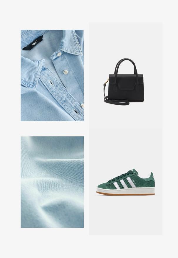 Light blue denim shirt with soft texture, buttoned collar, white buttons, and visible stitching details. Next brand label inside collar.; Light blue fabric with a smooth texture and fine diagonal weave, showing soft folds and subtle variations in shade.; Green suede sneaker with white leather stripes, rubber sole, padded collar, and minimalistic design. Features branding on the side.; Black structured handbag made of leather with a top handle, detachable shoulder strap, and a front flap detail. Gold hardware accents.