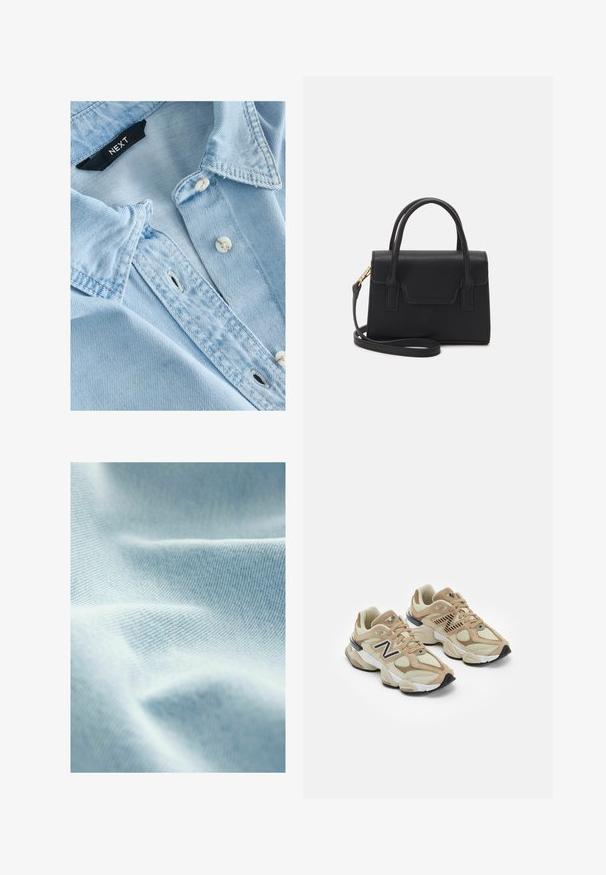 Himmelblaues Denim-Hemd mit weicher Textur, Knopfkragen, weißen Knöpfen und sichtbaren Nähdetails. Next-Markenetikett innen am Kragen.; Helles blaues Gewebe mit glatter Textur und feinem diagonalen Gewebe, das sanfte Falten und subtile Farbvariationen zeigt.; Beige Sneaker aus Mesh- und Wildledermaterialien. Mit einem schwarzen Logo und strukturierten Akzenten. Dicke weiße Zwischensohle und schwarze Gummisohle.; Schwarze strukturierte Handtasche aus Leder mit einem oberen Tragegriff, abnehmbarem Schulterriemen und einer Klappe auf der Vorderseite. Akzente in Goldmetall.