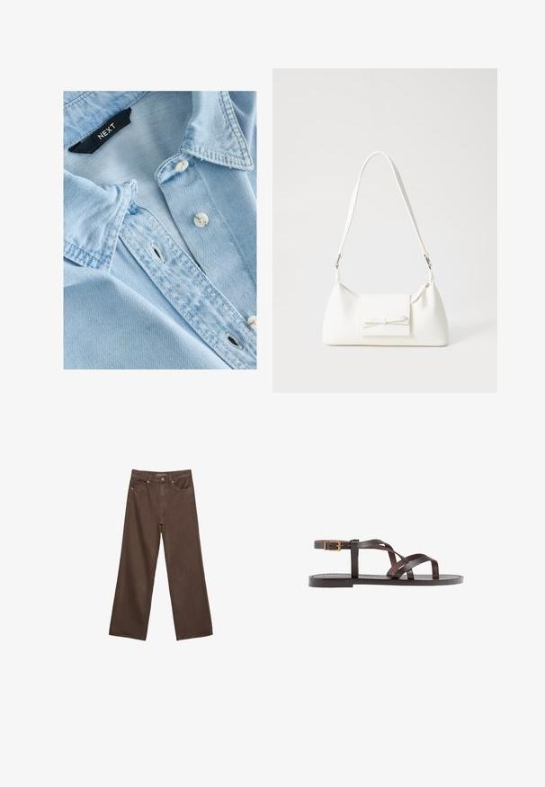 Himmelblaues Denim-Hemd mit weicher Textur, Knopfkragen, weißen Knöpfen und sichtbaren Nähdetails. Next-Markenetikett innen am Kragen.; Weite braune Jeans aus Denim, mit hoher Taille, Fronttaschen und klassischem Knopfverschluss. Glatte Textur mit feinen Nähten.; Braune Leder-Sandale mit überkreuzten Riemen, einem Knöchelriemen mit Schnalle und einer flachen Sohle mit minimalen Nähdetails.; Weiße synthetische Handtasche in dreieckiger Form, flache Vorderklappe und Schleifendetail, verstellbarer Trageriemen, glatte Textur und minimalistisches Design.