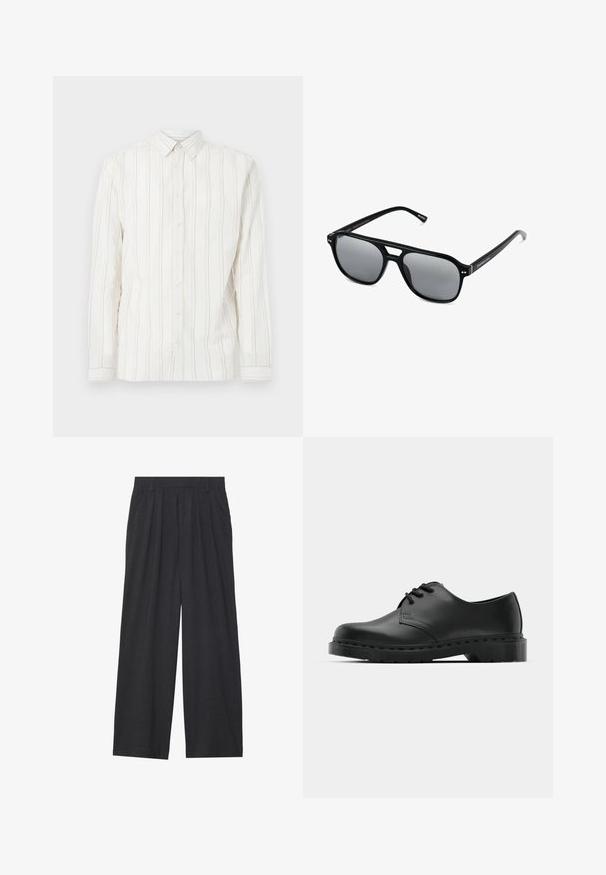 Valkoinen pitkähihaisella nappipaidalla, jossa on pystysuoria vaaleanruskeita raitoja, klassinen kaulus ja napit edessä. Pehmeä, teksturoitu kangas.; Suorat lahkeet valmistettu tummanharmaasta kankaasta. Ominaisuuksiin kuuluu laskokset vyötäröllä, muotoilu on siisti ja siluetti suora.; Musta nahkainen oxford-kengät, joissa on nauhakiinnitys, pyöreä kärki, litteä kumipohja ja hillitty ompelutaito yläosassa.; Mustat aurinkolasit suorakulmaisilla kehyksillä, harmaasävyisillä linsseillä ja siltaleikkauksella. Tyylikäs, kiiltävä muovimateriaali, kapeilla temppeleillä.