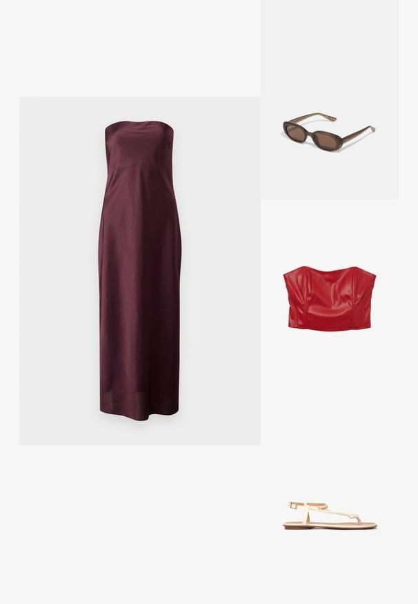 Calliope Camicetta - rouge; Abito maxi senza spalline in borgogna realizzato in un tessuto leggero e morbido, con busto aderente e una silhouette dritta e fluente.; Sandali aperti beige chiaro con design a fascia intrecciata, fibbia alla caviglia regolabile e suola piatta marrone. Materiale liscio e decorazioni minimali.; Occhiali da sole ovali marroni con lenti scure. La montatura è realizzata in un materiale marrone trasparente e presenta un logo stampato sulle tempie.; Borsa a tracolla gialla con texture, dotata di una patta sovrapposta, completata da una chiusura ovale dorata e una sottile tracolla dorata.