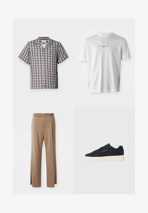 Rövid ujjú barna és fehér kockás gombos ing, tábori gallérral és mellzsebbel egy sima háttér előtt.; Fehér, rövid ujjú póló, a mellkason középen található "EMPORIO ARMANI MILANO" logóval, diszkrét, kiemelkedő betűtípussal.; Világosbarna, testhez szabott nadrág egyenes szabással, övfokkal, elülső varrással és rejtett záródással, fehér háttéren laposan elhelyezve.; Sötétkék velúr, alacsony szárú teniszcipő fehér talppal, sötétkék fűzőkkel és arany színű "Filling Pieces" logóval az oldalán.