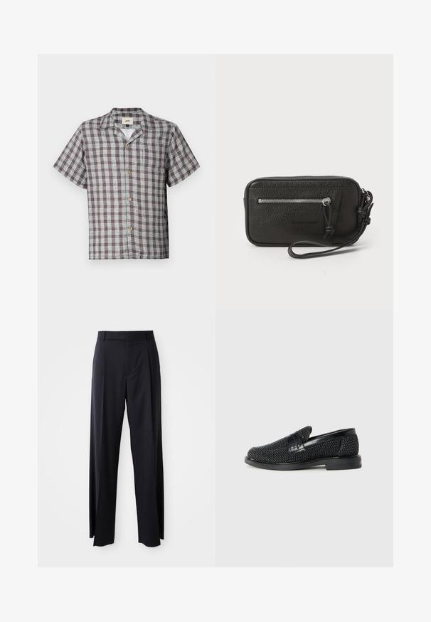 Kratek rokav rjav-beli kockast srajc s poletnim ovratnikom in žepom na prsih na enobarvnem ozadju.; Črne hlače visoke pasu s širokimi nogavicami, narejene iz gladkega blaga. Imajo sprednje gube in zanko za pas. Minimalističen dizajn, brez vidnih dodatkov.; Črne pletene zavezane čevlje s gladkim usnjenim poudarkom na zgornjem delu, okroglo zasnovo nosu in nizkoprofilsko gumijasto podplat.; Črna usnjena torbica s teksturirano površino, sprednjim žepom z zadrgo in odstranljivo zapestnico. Ima logotip na sprednji strani. Pravokotna oblika.