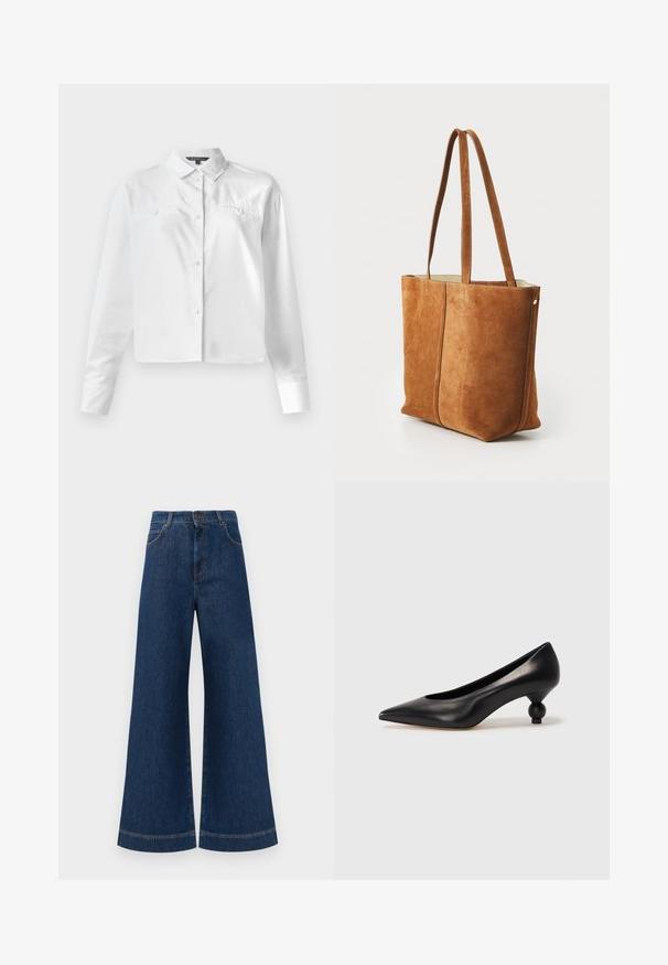 Balta marškinėliai su ilgomis rankovėmis, su klasikinio tipo apykakle, dviem krūtinės kišenėmis ir trumpintu dizainu. Lygi medvilnė.; Plati mėlynos džinsinės kelnės su aukštu liemeniu, turinčios mygtukų užsegimą, diržo kilpas ir subtilius siuvinėjimo akcentus ant kišenių bei apdailos.; Juoda odinė aukštakulnė bateliai su smailiu pirštu ir apvaliu, iškiliu kulnu. Lygus paviršius su elegantišku, minimalistiniu dizainu.; Rudas zomšinis rankinis krepšys su dviem ilgais rankenomis, lygiu paviršiumi ir siuvinėtu dekoru, turintis paprastą, struktūruotą dizainą.