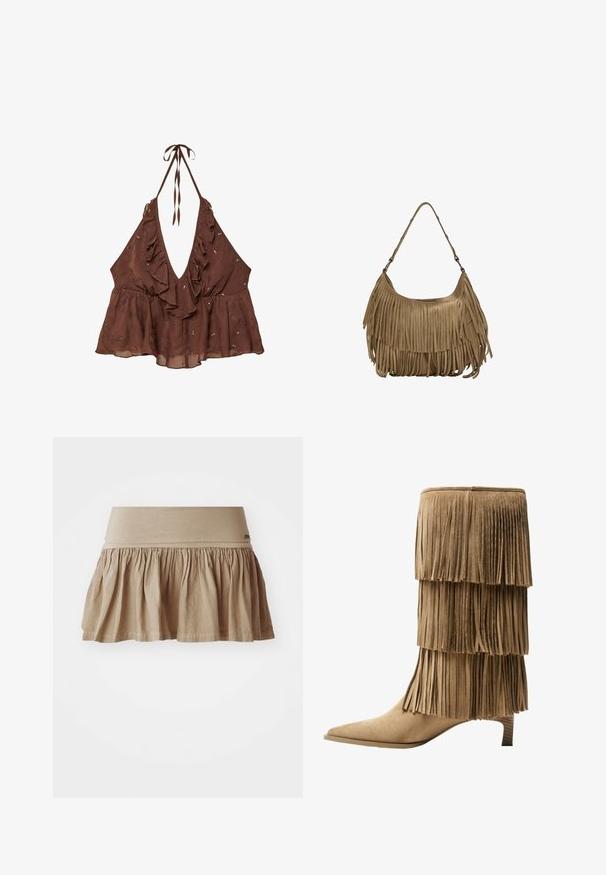 Hnědý bezramínkový top s hlubokým véčkovým výstřihem, volánkovým lemem a zdobenými květinovými vzory. Vyrobeno z lehké látky s rozšířeným designem.; Béžová bavlněná sukně se staženým lemem, která má široký elastický pas. Lehký materiál s jemnou texturou a neformálním designem.; Pohodlné kotníkové boty v hnědé nubukové kůži s třemi vrstvami třásní. Špičatá špička a nízký blokový podpatek. Hladký povrch po celé délce.; Hnědá semišová kabelka s dlouhými třásněmi, zakřiveným tvarem a jedním ramenním popruhem. Vyznačuje se hladkým, texturovaným povrchem.