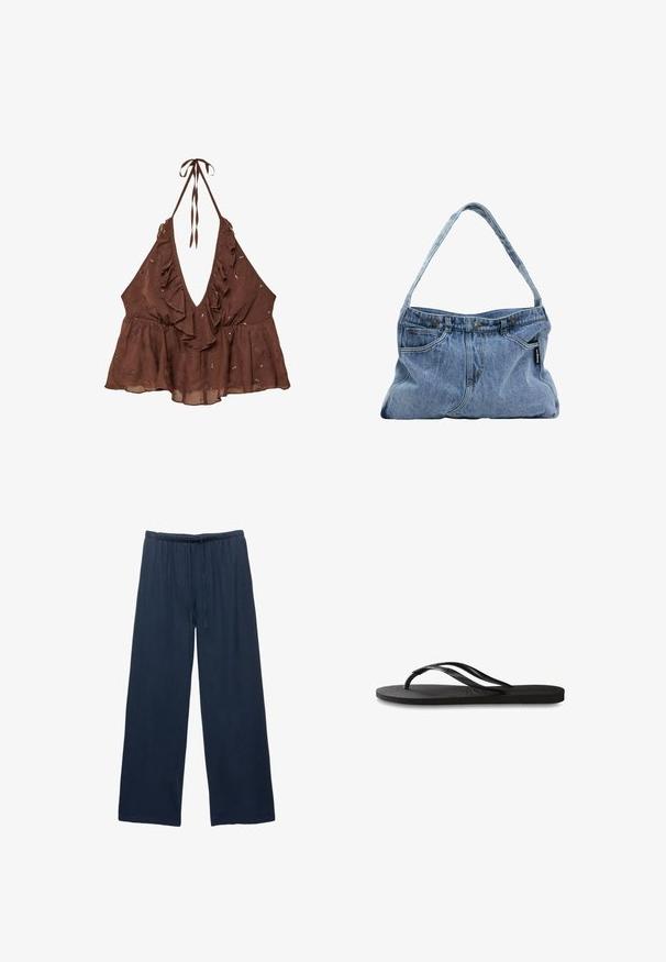 Bruine, mouwloze haltertop met een diepe V-hals, gerimpelde afwerking en versierde bloemmotieven. Gemaakt van lichte stof met een uitlopende stijl.; Marineblauwe wijde broek van een zachte stof, met een elastische tailleband en een koordje voor een verstelbare pasvorm.; Zwarte flip-flop met een gestructureerde rubberen zool, twee slanke banden en een subtiele, ingedrukte logo-detail op de band.; Denim schoudertas met een gebogen hengsel, twee voorzakken en een knoopsluiting aan de bovenkant, met lichtblauwe stof en contrasterende stiksels.