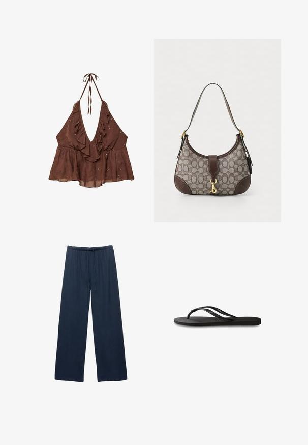 Brun, ärmlös halterneck-top med djup V-ringning, volangkanter och utsmyckade blommönster. Tillverkad av lätt tyg med en utsvängd design.; Marina vida byxor med vida ben, tillverkade av mjukt tyg, med ett elastiskt midjeband och dragsko för justerbar passform.; Svart flip-flop med en texturerad gummisula, två slanka remmar och en subtil, präglad logodetalj på remmen.; COACH HAMPTONS HOBO BAG IN SIGNATURE JACQUARD - Handväska - oak maple