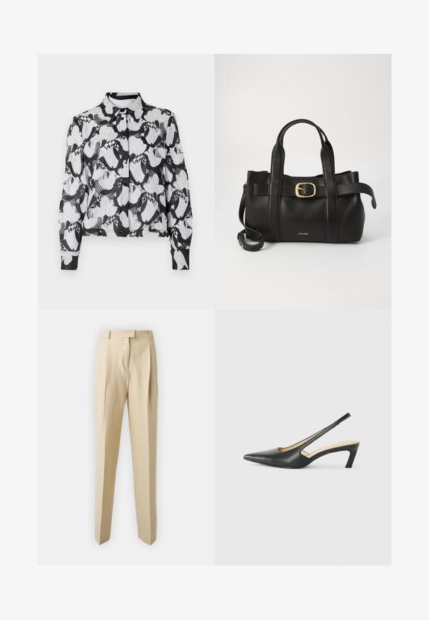 Black and white floral lace blouse with long sleeves, collar, and button closure. Features intricate flower patterns and lightweight texture.; Beige tailored trousers with a straight cut, featuring pleats, a waistband, and a smooth texture. No visible pockets or embellishments.; Black pointy-toed slingback shoe with a low heel, featuring smooth leather material and cut-out design on the side for breathability.; Black leather handbag featuring a structured design, dual top handles, gold-tone buckle accent, and embossed brand logo at the front.