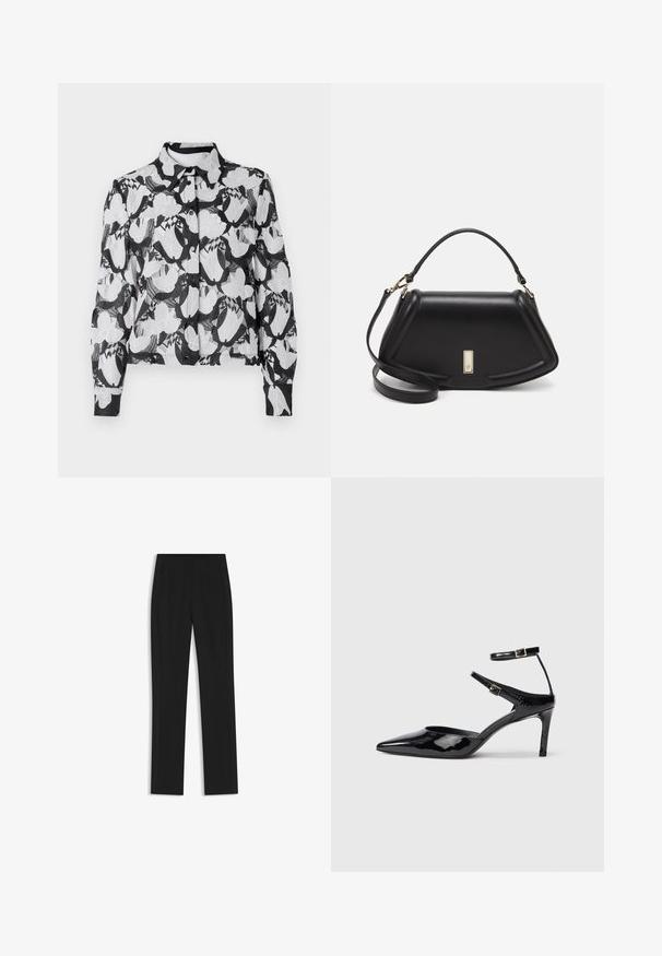 Black and white floral lace blouse with long sleeves, collar, and button closure. Features intricate flower patterns and lightweight texture.; Black tailored trousers with a straight-leg design, featuring front pockets and a smooth, textured fabric. Neat, minimal detailing.; Black patent leather heels with a pointed toe, adjustable ankle straps, and a slender heel. Smooth texture with a shiny finish.; Black leather handbag with a structured design, featuring a cropped shape, top handle, and gold hardware accent. Adjustable shoulder strap included.