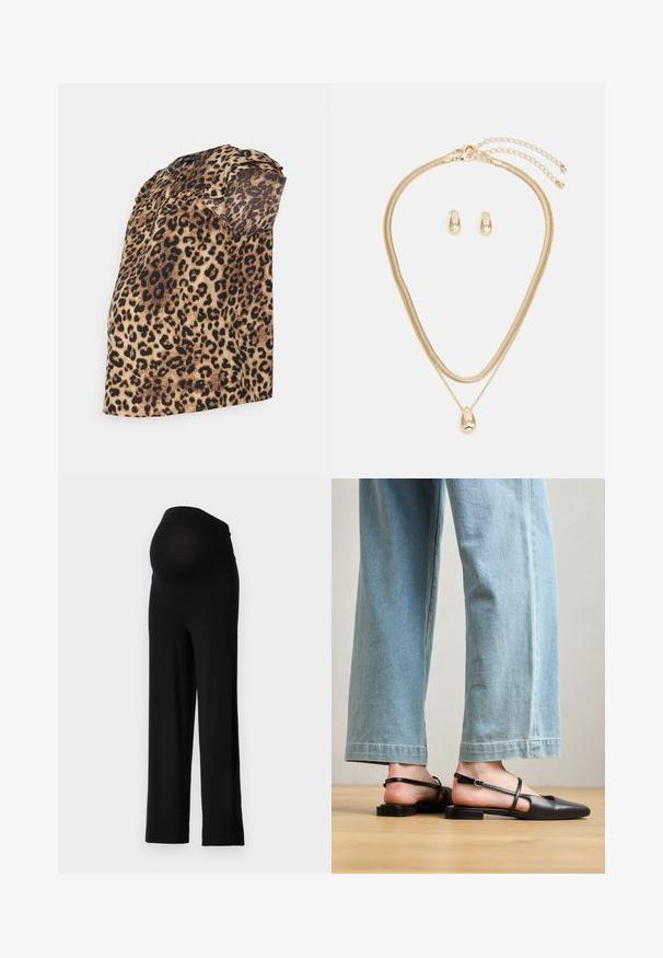 Løveprintet bluse med avslappet passform, korte pufferm og rund hals, laget av lett, teksturert stoff.; Svarte graviditetsbukser med en elastisk, tettsittende midje og bred bendesign. Laget av mykt stoff som tilbyr komfort og støtte.; Sorte lærrem sko med spiss tå, flat hæl og ankelrem; brukt med lyseblå vide jeans.; Gullfarget smykkssett med et lagdelt halskjede med en tåreformet anheng og matchende stikkere, alt i en polert finish.