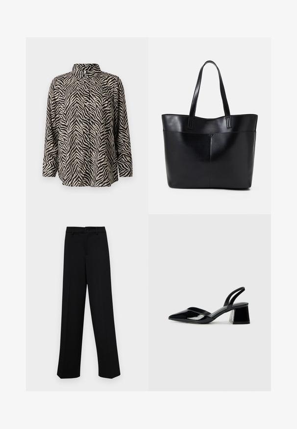 Long-sleeve button-up shirt featuring a black and cream zebra stripe pattern, with a stand-up collar and a relaxed fit design.; Black wide-leg trousers made of smooth fabric, featuring a classic waistband with a button closure and front pleats.; Black patent leather slingback heels with a pointed toe and a geometric block heel. Features a sleek, minimal design and smooth texture.; Black leather tote bag with two long handles, a smooth texture, and a structured shape. Features a front pocket for additional storage.