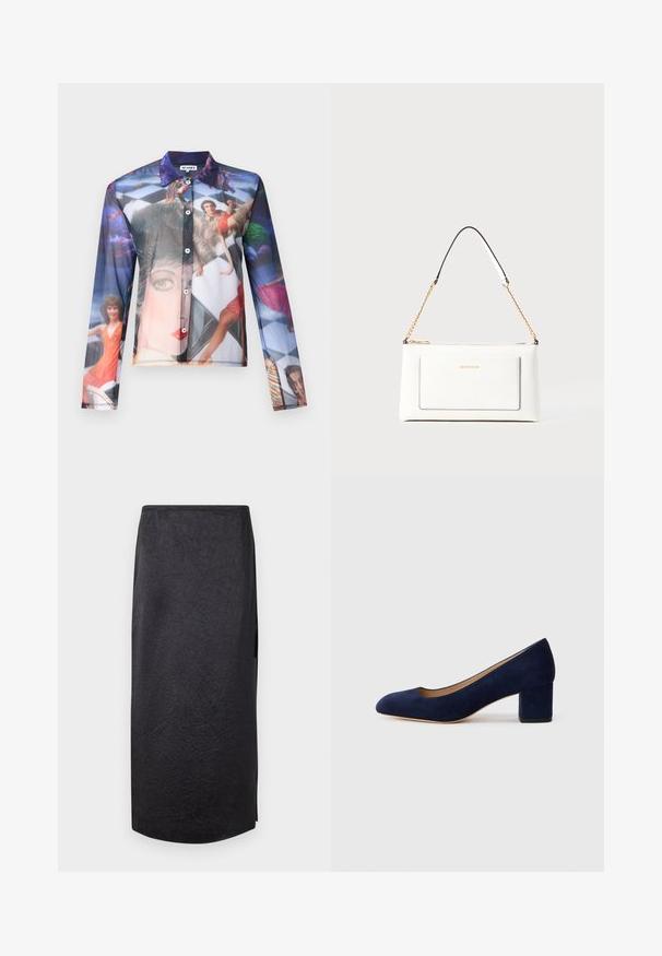 Priehľadná košeľa na gombíky s farebnou fotografickou potlačou ľudí v dynamických pózach, s klasickým golierom a dlhými rukávmi.; Čierna midi sukňa s vrúbkovanou textúrou, rovný strih a bočný rozparok. Materiál vyzerá ľahký. Spodný okraj je mierne zakrivený.; Námořnické modré semišové lodičky s špičatou špičkou a středním blokovým podpatkem. Hladká textura s jemným leskem a malým výstřihem vpředu.; Biele kožené kabelka s textúrovaným povrchom, ktorá má zlatý retiazkový popruh a čierne akcenty. Obsahuje prednú kapsu a zipsové zapínanie.