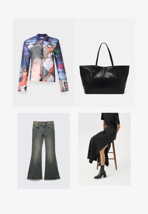 Sheer button-up shirt featuring a colorful photographic print of people in dynamic poses, with a classic collar and long sleeves.; Flared denim jeans in a faded blue color with a classic five-pocket design, featuring a slight texture and visible stitching accents.; Black linen maxi skirt with a high slit, worn with a black t-shirt and black ankle boots. Minimalistic design with a relaxed fit.; Black woven tote bag with two sturdy handles, featuring a glossy texture and a spacious open top design.
