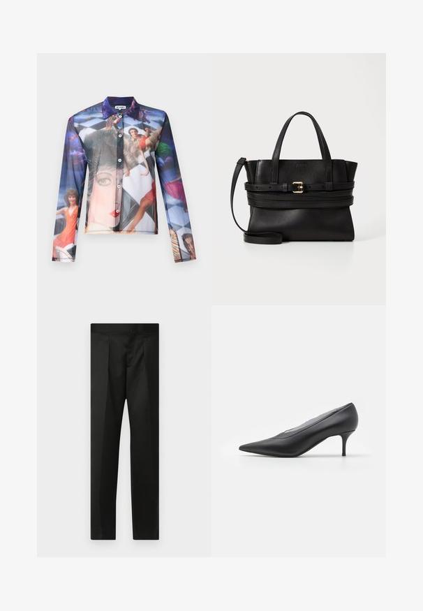 Sheer button-up shirt featuring a colorful photographic print of people in dynamic poses, with a classic collar and long sleeves.; Black trousers featuring a smooth fabric, tailored design, straight legs, and a flat waistband with no visible closures or pockets.; Black pointed-toe high heel shoe made of smooth leather. Features a slender heel and minimalistic design with no visible embellishments.; Black leather handbag with structured design, dual top handles, detachable strap, and gold buckle accent on a horizontal band.