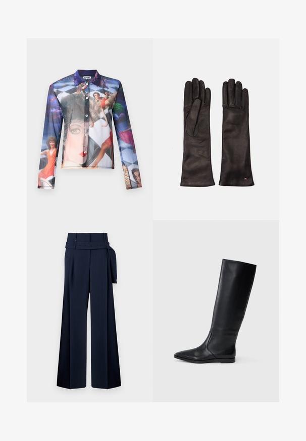 Caurspīdīgs pogas krekls ar krāšņu fotogrāfisku attēlu, kurā redzami cilvēki dinamiskās pozās, ar klasisku apkakli un garām piedurknēm.; Jūras spēku platās bikses ar augstu jostasvietu, ar jostu ar dekoratīviem pogām un krokām priekšpusē, izgatavotas no gludas auduma.; Melnas ādas ceļgala augstas zābaki ar smailu purngali un minimālistisku dizainu. Gluda tekstūra un plakana zole, ar diskrētām sānu šuvju detaļām.; Weekend Max Mara SENAPE - Cimdi - nero