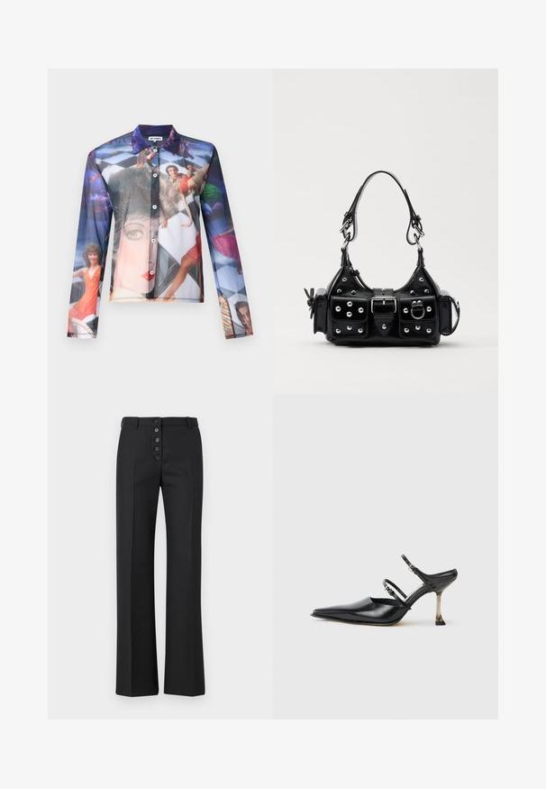 Áttetsző, gombos ing, amely színes fényképes nyomattal rendelkezik dinamikus pózban lévő emberekről, klasszikus gallérral és hosszú ujjakkal.; The Kooples PANTALON - Nadrágok - black; Fekete bőr, hegyes orrú, pántos szandál, két állítható pánttal és fémből készült sarokkal. Simas texture és minimalista dizájn jellemzi.; Fekete bőr kézitáska ívelt designnal, ezüst szegecsekkel, csattal és két oldalsó zsebbel. Állítható vállpánt a hordozási lehetőségekhez.