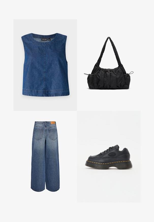 Blå denim ärmlös topp med rund halsringning, rak skärning och subtila sömnadsdetaljer längs kanterna. Varumärkesetikett synlig.; Breda denimculotter i medelblå tvätt med en urtvättad textur, med två bakfickor och en brun läderetikett med varumärket på midjan.; Svart lädersneaker med texturerad yta, rund tå och tjock plattformssula. Har gula kontrastsömmar och ett varumärkeslogotyp på sidan.; Svart tyghandväska med rynkad textur, två axelremmar och dragsko stängning på sidorna. Slätt, lätt material.