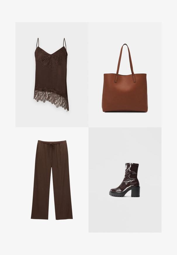 Hnedá tielková blúzka s tenkými ramienkami, zdobená čipkovaným lemovaním pri výstrihu a spodnom okraji. Čipka má kvetinový vzor pre doplnenie detailov.; Hnedé nohavice s širokými nohavicami vyrobené z mäkkej tkaniny, so sťahovacím pásom a dvomi bočnými vreckami.; Lesklé burgundské kotníkové boty s robustním černým podpatkem, s hladkou strukturou a jednoduchým designem. Bez viditelných zapínání nebo vzorů.; Hnedá kožená taška na rameno s hladkou textúrou, otvoreným vrchom a dvoma ramenými popruhmi. Má minimálne šitia a žiadne viditeľné kovania.