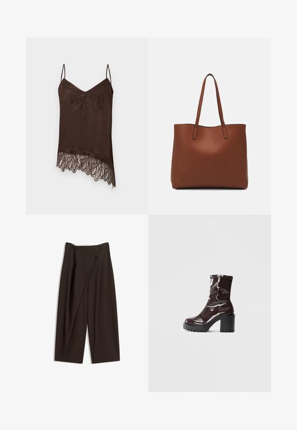 Brown camisole with thin straps, featuring a lace trim at the neckline and hem. The lace has a floral pattern for added detail.; Dark brown wide-leg trousers with a high waist, featuring a single button closure and a pleated front. Made from lightweight fabric.; Glossy burgundy ankle boot with a chunky black heel, featuring a smooth texture and simple design. No visible fastenings or patterns.; Brown leather tote bag with a smooth texture, open top design, and two shoulder straps. Features minimal stitching and no visible hardware.