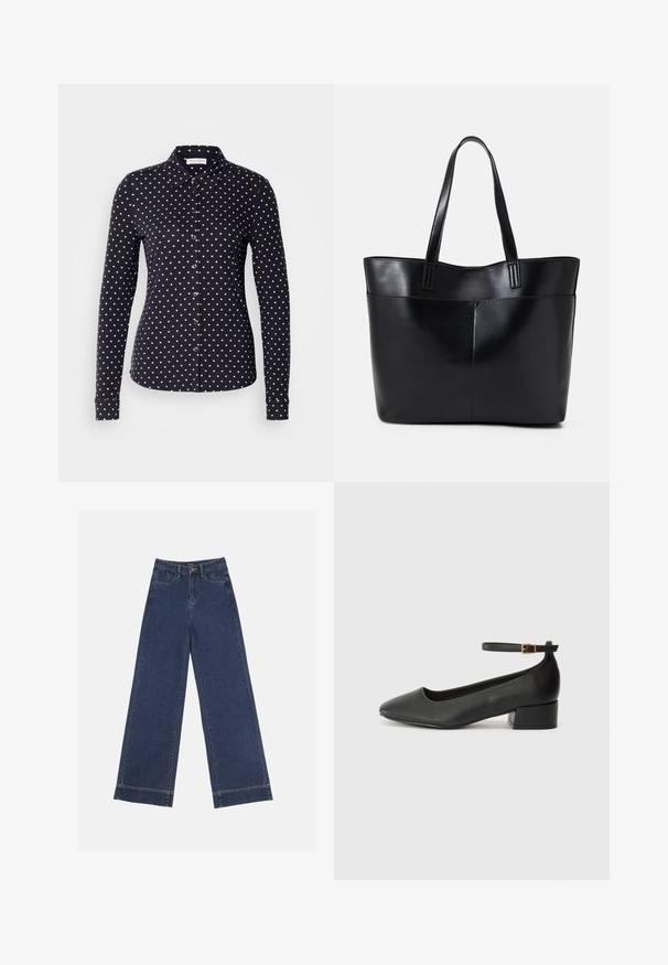 Navy blue button-up shirt with long sleeves, featuring white polka dots. Made of smooth fabric, designed with a classic collar and fitted shape.; Wide-leg jeans in dark blue denim. Features five pockets, belt loops, and a raw hem at the bottom with visible stitching details.; Black leather pump with a pointed toe and a low block heel. Features an ankle strap with a gold-tone buckle. Smooth texture.; Black leather tote bag with two long handles, a smooth texture, and a structured shape. Features a front pocket for additional storage.