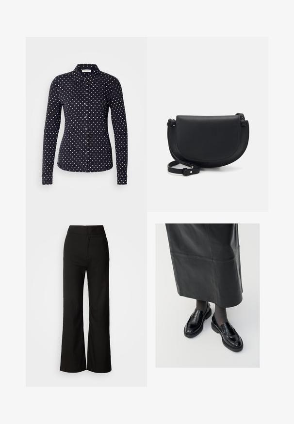 Navy blue button-up shirt with long sleeves, featuring white polka dots. Made of smooth fabric, designed with a classic collar and fitted shape.; Black wide-leg trousers with a smooth texture, high waist, and a clean design. No visible pockets or embellishments.; Black leather loafers with a smooth finish, featuring a decorative strap, round toe, and textured sole. Worn with a long black leather skirt.; Black leather crossbody bag with a curved shape, magnetic flap closure, adjustable strap, and embossed logo detail on the front.