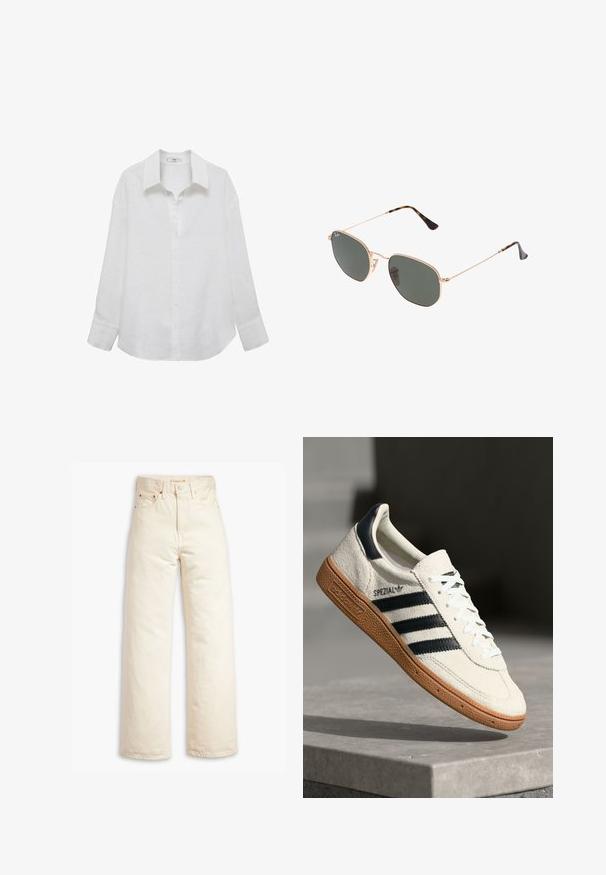 Camicia bianca a maniche lunghe in lino, con colletto classico, chiusura a bottoni e vestibilità leggermente ampia con maniche con polsini.; Jeans beige a gamba larga realizzati in denim di cotone. Presentano un alto righello, chiusura con bottone e design a cinque tasche. Texture liscia e resistente.; Sneaker bianca in suede con strisce blu navy, suola in gomma, parte superiore testurizzata, punta rotonda e lacci; presenta un marchio sul lato e sulla linguetta.; Occhiali da sole con montatura in metallo dorato e lenti verde scuro, stile aviator, con aste sottili e dettagli in tartaruga sulle punte.