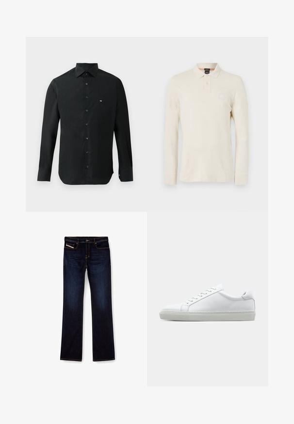 Camisa preta de manga longa feita de tecido suave, com colarinho pontudo, pala de botões e um pequeno logótipo branco no lado esquerdo do peito.; Camisa polo de mangas longas em bege claro, feita de um tecido suave, com colarinho polo, pala de botão de dois e um pequeno logotipo no peito.; Jeans de denim azul escuro com corte reto, apresentando costuras laranjas, fecho zip e bolsos frontais. Textura suave e cintura padrão.; Sapatilha branca com um cabedal em couro liso e de perfil baixo. Apresenta um bico redondo, seis ilhoses e uma sola de borracha texturizada.