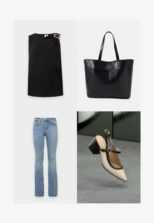 Ärmellose schwarze Bluse mit Rundhalsausschnitt und goldener dekorativer Schnalle an der linken Schulter, schlichtes Design.; Helle blaue Denim-Jeans im Schlagstil mit mittlerer Taille, fünf Taschen, Gürtelschlaufen und subtiler Auswaschung an den Oberschenkeln.; Beige Slingback-Schuh mit spitzer Zehenpartie, schwarzer Umrandung, goldener Schnalle und dicker Blockabsatz auf grauem Boden vor dunklem grünen Hintergrund.; Schwarze Leder-Shopper-Tasche mit zwei langen Griffen, einer glatten Textur und einer strukturierten Form. Verfügt über eine Vordertasche für zusätzlichen Stauraum.