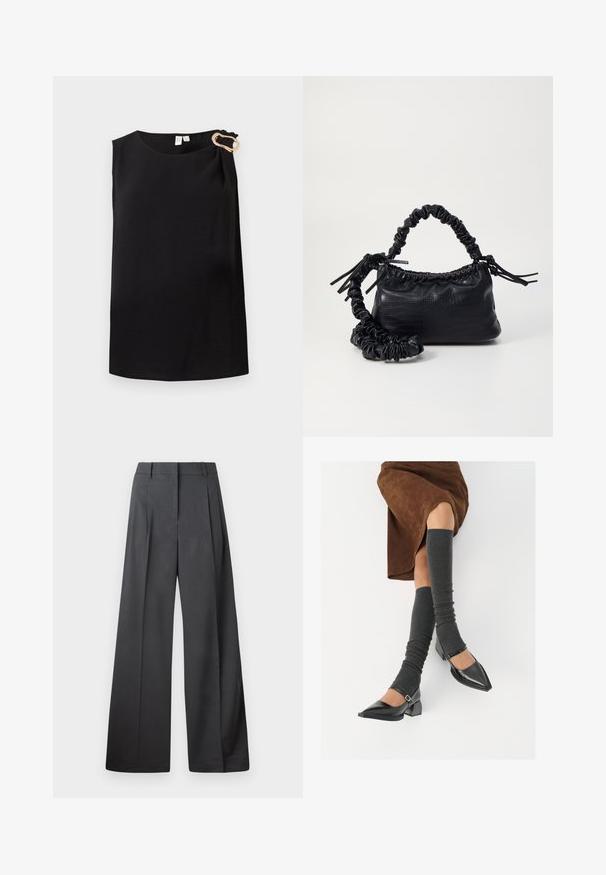 Crna bezrukavna bluzica s okruglim izrezom i zlatnom dekorativnom kopčom na lijevom ramenu, jednostavan dizajn.; Hlače širokih nogavica u tamnosivoj tkanini, s visokim strukom, jednim naborom i glatkom teksturom s urednim završetkom na rubovima.; Crne lakirane cipele s šiljastim prstima, blok-petom i remenom oko gležnja, uparene s sivim rebrastim čarapama do koljena i smešnom suknjom od antilopa.; Crna torba od umjetne kože s teksturom krokodila, s cinčanim vrhom i naboranom trakom. Izgleda mekano i kompaktno u dizajnu.