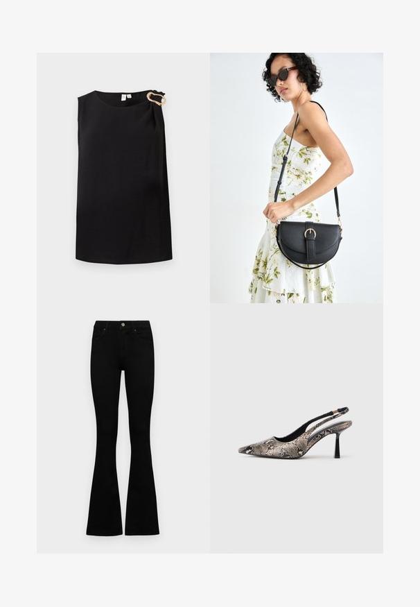 Sleeveless black blouse with round neck and gold decorative buckle on left shoulder, plain design.; Black high-waist jeans with a button and zip closure, front pockets, and flared legs laid flat on a white background.; Pointed-toe slingback shoes made of textured snake print material, featuring a slender black heel and a cutout design on the sides.; Black leather handbag with a curved shape, detachable strap, and gold hardware. The bag features a flap with a buckle detail.