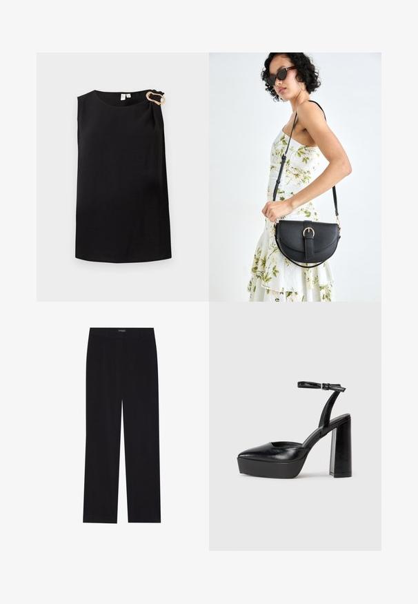 Canotta nera senza maniche con collo rotondo e fibbia decorativa dorata sulla spalla sinistra, design semplice.; Pantaloni in corduroy neri con taglio dritto, dotati di vita piatta e senza tasche visibili, texture liscia e dettaglio a righe verticali.; Tacchi a piattaforma neri con punta appuntita e cinturino regolabile alla caviglia. Realizzati in pelle liscia, presentano un tacco a blocco spesso.; Borsa a tracolla nera in pelle con una forma curva, manico rimovibile e accessori dorati. La borsa presenta una patta con un dettaglio a fibbia.