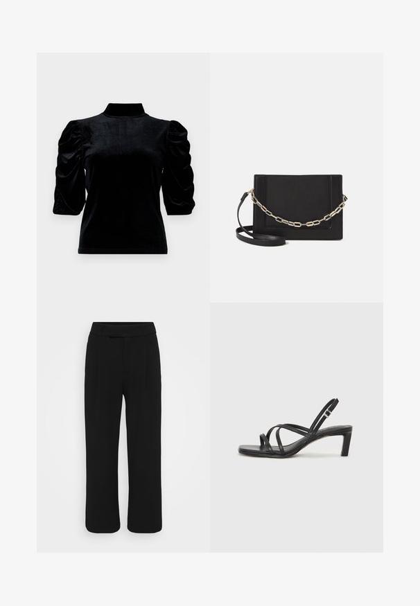 Fekete bársony felső magas gallérral, rövid puffos ujjakkal és alakot körvonalazó szabással. Puha tapintás, sima és csillogó felület.; Fekete, bőszárú nadrág sima anyagból, lapos elülső résszel, övhurkokkal és látható zsebek nélkül. Tiszta, igényesen szabott dizájn.; Fekete pántos szandál négyzetes orral és alacsony blokk sarkal. Több vékony pánttal és állítható boka pánttal rendelkezik. Sima bőrből készült.; Fekete bőr keresztpántos táska, sima textúrával, téglalap alakú és fém lánc részlettel az elején. Állítható pánttal ellátva.
