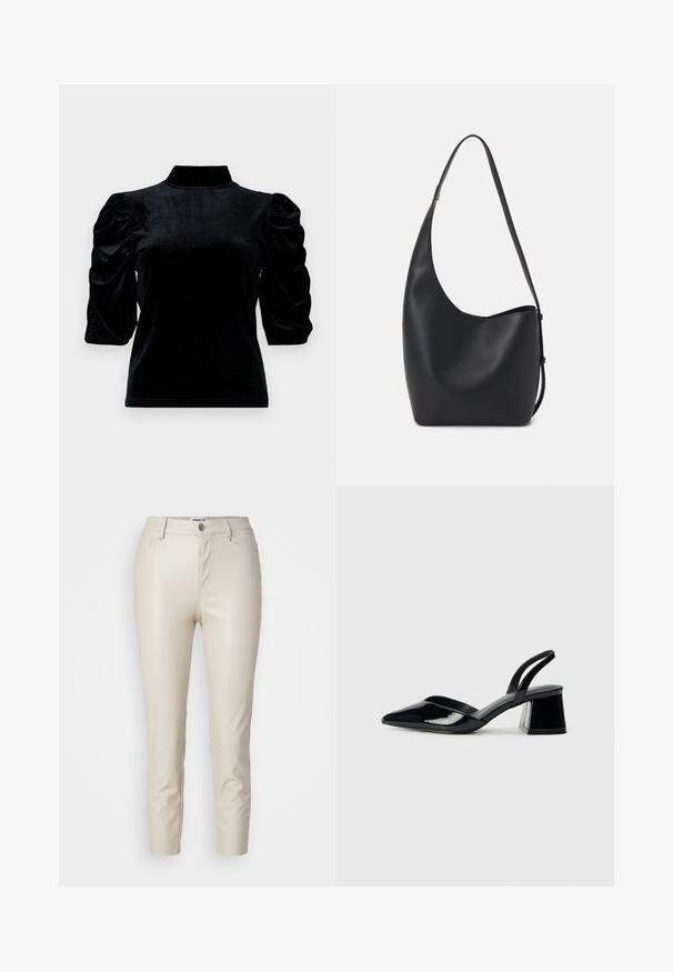 Melna samta blūze ar augstu apkakli, īsām puffed piedurknēm un pieguļošu siluetu. Mīksta tekstūra ar gludu, spīdīgu apdari.; Bēša mākslīgās ādas bikses ar šauru piegriezumu, priekšējām kabatām un pogu aizdari, ar gludu tekstūru un konusveida kājām.; Melna lakota āda ar atvērto papēdi, ar smailu purngalu un ģeometrisku blokpapēdi. Iezīmējas elegants, minimāls dizains un gluda tekstūra.; Melnas ādas hobo soma ar gludu tekstūru, izliekta forma un vienu regulējamu jostu; augšā ir plaša atvere.