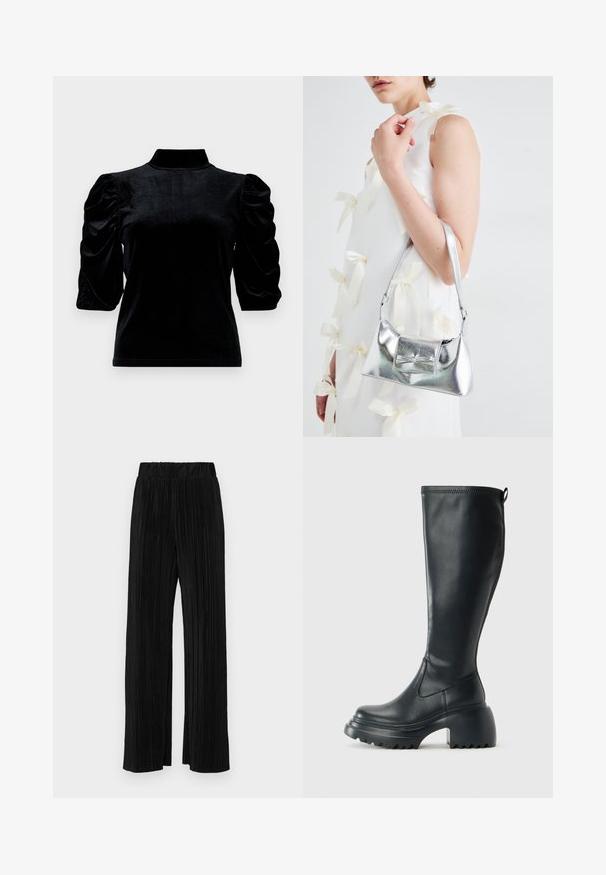 Melna samta blūze ar augstu apkakli, īsām puffed piedurknēm un pieguļošu siluetu. Mīksta tekstūra ar gludu, spīdīgu apdari.; Melni plīšu bikses ar elastīgu jostu. Tām ir platākas kājas un gluda, teksturēta auduma ar vertikālām svītrām.; Augstas melnas ādas zābakus ar masīvu platformu un bloka papēdi, ar vilkšanas cilpu un strukturētu profilu uz ārējā zoles.; Sudraba metāla rokassoma ar struktūru formu, aprīkota ar augšējo rokturi un priekšpusē esošu loku. Gluda tekstūra, atstarojoša virsma.