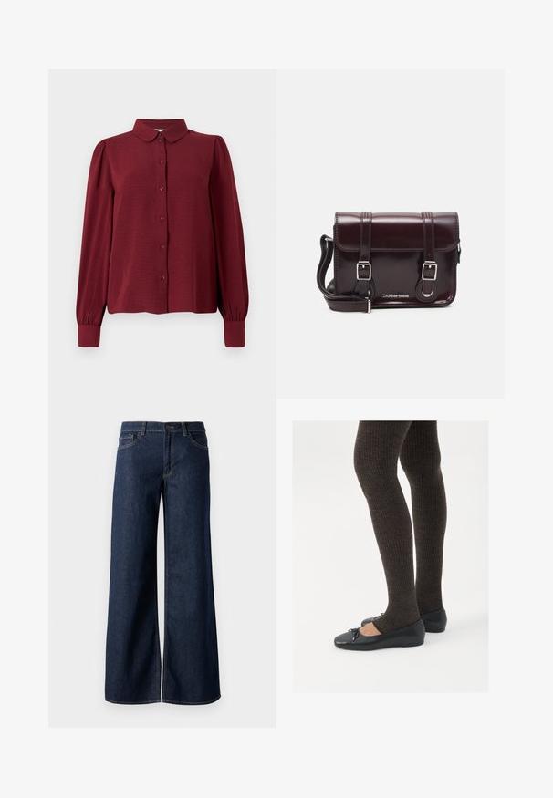 Blusa bordô com colarinho, frente abotoada e mangas longas com volume. Feita de tecido texturizado com punhos justos.; Jeans de perna larga em denim azul escuro. Apresenta costura em contraste, cinco bolsos e um fecho de botão na cintura. Textura lisa.; Sapatos planos pretos com um pequeno laço na ponta, emparelhados com meias-calças caneladas castanhas escuras. Os sapatos têm uma textura suave e um design discretamente baixo.; Bolsa transversal em couro verniz bordô com formato retangular, duas alças, ferragens prateadas e fecho de aba.