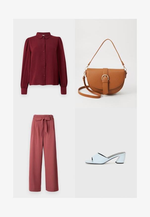 Burgundisk blus med krage, knappstängning fram och långa puffärmar. Tillverkad av strukturerad tyg med åtsittande ärmslut.; Breda byxor i en dammig rosafärg, tillverkade av ett mjukt tyg, med ett knytbälte i midjan och sidofickor.; Ljusblå öppna klackskor med geometrisk design, med ett brett rem över foten och en kraftig, vinkelrät klack.; Brun läder crossbody-väska med en böjd form, gyllene detaljer och en spänneaccent. Har en avtagbar axelrem.