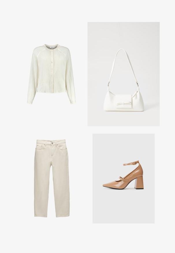 Kremno obarvana, lahka srajca z dolgimi rokavi in gumbnim zapenjanjem, teksturirana tkanina in okrogla izreza. Ima subtilno gubanico.; Beli traper hlače z sproščenim krojem, ravnimi nogami, petimi žepi in kovinskimi detajli z subtilno teksturo.; Bež lakirane visoke pete z uskim nosom, z zapenjanjem okoli gležnja in debelim kvadratnim peto. Gladka tekstura z sijajnim zaključkom.; Bela sintetična torbica v obliki trikotnika, z ravnim sprednjim poklopcem in detajlom mašne, nastavljivim trakom, gladko teksturo in minimalističnim dizajnom.