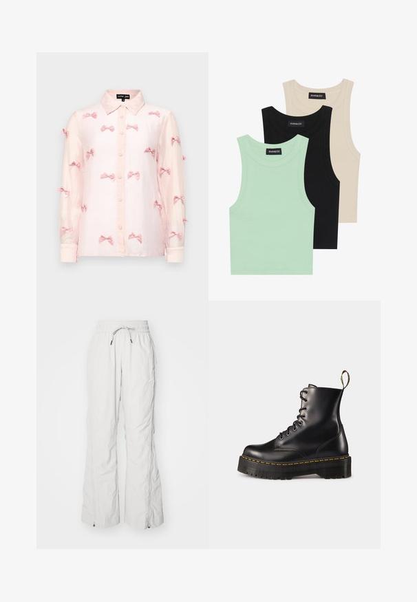 Sister Jane BERTIE SHIRT - Camicia - pink; Tre canotte in verde menta, nero e beige; realizzate in tessuto a coste con scollatura rotonda e senza maniche. Etichetta del brand visibile.; Pantaloni cargo grigi chiari realizzati in tessuto testurizzato, con vita elastica e laccetto, tasche laterali e cerniere alle caviglie.; Stivali alla caviglia in pelle nera con lacci, dotati di una suola nera spessa e cuciture gialle. Presentano una linguetta sul retro e occhielli metallici circolari.