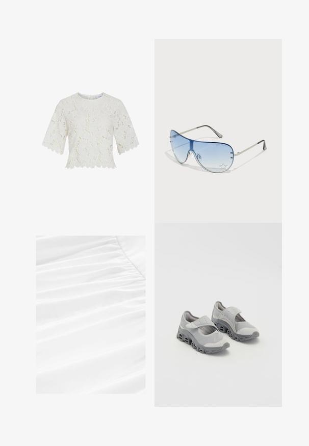 Blouse en dentelle blanche à manches courtes, motif floral, ourlet en zigzag et encolure ronde. Tissu léger, détails complexes partout.; Tissu blanc avec un drapé doux et une texture plissée, présentant un matériau lisse et léger dans une présentation propre et nette.; Chaussures légères grises avec une tige en maille et une semelle intermédiaire rembourrée. Dotées d'une sangle auto-agrippante et d'un bout arrondi avec un design de semelle perforée.; Lunettes de soleil aviateur avec des verres dégradés bleus, une monture en métal argenté et des accents décoratifs en forme d'étoile sur les verres. Design lisse et élégant.