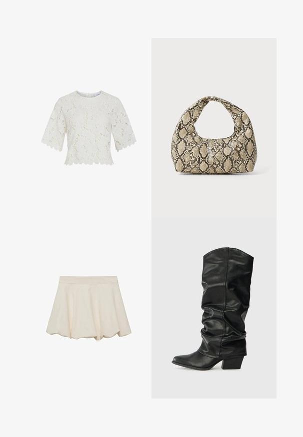 Hvid blondebluse med korte ærmer, blomstermønster, bølget kant og rund halsudskæring. Letvægtsstof, intrikate detaljer overalt.; Cremefarvet nederdel med en blød, glat tekstur, rundet design og en bølget kant. Har en bred, elastisk talje for komfort.; Sorte læderknæhøje støvler med et skrånet design, spids tå og chunky hæl, der har en glat overflade og minimal syning.; Slangeprint håndtaske med et buet håndtag. Lavet af strukturerede, beige og brune materialer, med et karakteristisk diamantmønster.