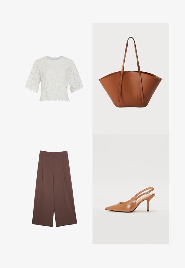 Blusa bianca in pizzo con maniche corte, motivo floreale, orlo scallop e scollatura rotonda. Tessuto leggero, dettagli intricati in tutto.; Pantaloni ampi marroni con una texture liscia, caratterizzati da una vita alta e pieghe frontali. Il tessuto è leggero e scorre liberamente.; Tacco slingback a punta affusolata in un materiale tan liscio e lucido. Presenta un design con ritaglio curvo e un sottile tacco a stiletto. Dettaglio con fibbia argentata.; Borsa tote in pelle marrone con una forma ampia e strutturata, manici sottili e una finitura testurizzata. Presenta un design minimalista senza hardware visibile.