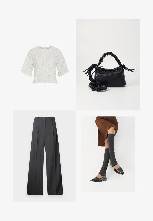 Hvit blondebluse med korte ermer, blomstermønster, bølgekant og rund halslinning. Lett stoff med intrikate detaljer gjennom hele blusen.; Vide bukser i mørkegrått stoff med høy livlinje, enkel press, og en glatt tekstur med en ren finish på ermekantene.; Sorte lakkpumps med spiss tå, blokkhel, og ankelstropp, kombinert med grå ribbestrikkede beinvarmere og et brunt semsket skinn skjørt.; Svart faux skinn-håndveske med krokodilletekstur, strammet topp og en rynket stropp. Ser myk og kompakt ut i designen.