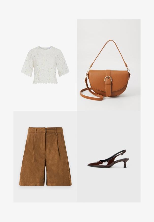 Valge pitsbluus lühikeste varrukatega, lillemustriga, lainelise hemmi ja ümmarguse kaeluseta. Kerge kangas, keerukas detailide esitlus kogu toote ulatuses.; Pruunist seemisest nahast lühikesed püksid, millel on sile tekstuur, esiplekid, lame vöökohus ja sirge lõige.; Pruun patentnahast slingback tossud terava nina ja mõõduka kandega. Omab pandla rihma kindla istuvuse tagamiseks. Sile tekstuur.; Pruun nahast õlakott, millel on kumer kuju, kullavärvi riistvara ja pandlaga kaunistus. Omab eemaldatavat õlarihma.