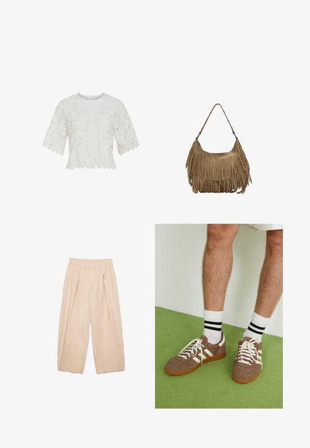 Weiße Spitzenbluse mit kurzen Ärmeln, floralen Muster, gewelltem Saum und rundem Halsausschnitt. Leichter Stoff mit filigranen Details.; Beige weite Hosen mit elastischem Bund, versehen mit Vorderfalten und einem glatten, leichten Stoff. Keine sichtbaren Taschen oder Muster.; Braune Wildleder-Sneaker mit weißen Akzenten und Schnürsenkeln. Gummisohle in Kautschuk-Optik. Getragen mit weißen Socken, die schwarze Streifen haben. Grüner strukturierter Fußboden.; Braune Wildleder-Handtasche mit langen Fransen, einer geschwungenen Form und einem einzelnen Schultergurt. Verfügt über eine glatte, strukturierte Oberfläche.