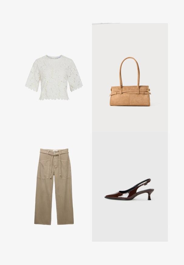 Biała bluzka koronkowa z krótkimi rękawami, wzór kwiatowy, falbaniasty dół i okrągły dekolt. Lekka tkanina, misternie wykonane detale.; Beżowe spodnie typu wide-leg wykonane z trwałej tkaniny, z dużymi przednimi kieszeniami, plecionym paskiem i subtelnymi detalami przeszycia.; Brązowe lakierowane skórzane buty na obcasie typu slingback z ostrym noskiem i umiarkowanym obcasem. Posiadają pasek z klamrą dla zapewnienia stabilnego dopasowania. Gładka tekstura.; Torebka z brązowego zamszu z dwoma długimi uchwytami, prostokątnym kształtem i dekoracyjnym przeszyciem. Posiada boczny pasek oraz subtelne akcenty w kolorze złotym.