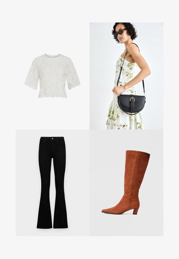 Blouse en dentelle blanche à manches courtes, motif floral, ourlet en zigzag et encolure ronde. Tissu léger, détails complexes partout.; Jean noir taille haute avec fermeture à bouton et à zip, poches avant et jambes évasées, posés à plat sur un fond blanc.; Botte en daim marron jusqu'au genou avec un bout pointu et un petit talon bloc, présentant une texture lisse et un design minimaliste.; Sac à main en cuir noir avec une forme courbée, bandoulière amovible et des accessoires en or. Le sac est doté d'un rabat avec un détail de boucle.