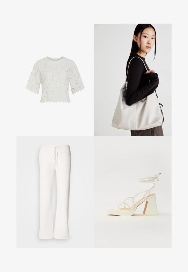 Balta mežģīņu blūze ar īsām piedurknēm, ziedu raksts, viļņota apakšmala un apaļa dekoltē. Viegls audums, sarežģīta apdare visā blūzē.; Baltas, brīvi pieguļoši sporta bikses, izgatavotas no mīkstas auduma, ar elastīgu jostu un aukliņu, kā arī taisna kāju dizainu.; Baltas augstpapēžu sandales ar masīvu papēdi, ar siksnu dizainu un potītes saistītiem elementiem. Gluda tekstūra ar platformu priekšpusē, lai nodrošinātu papildu augstumu.; Bežs rokassoma, izgatavota no mīksta materiāla, ar brīvu dizainu, izšūtu apdari un divām plecu siksnām. Piemērota ikdienas lietošanai.