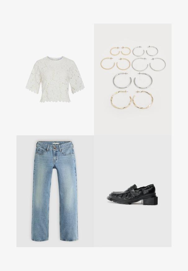 Bela čipkasta bluzica s kratkimi rokavi, cvetličnim vzorcem, valovitim robom in okroglo ovratnikom. Lahka tkanina, zapletena detajlinga povsod.; Svetlo modri ravni jeansi iz denima, z gumbnim zapiranjem, petimi žepi in subtilnim zbledelostjo vzdolž nog.; Črne usnjene loferice s strukturirano podplatom, ki imajo nekoliko dvignjen blok peto in teksturirano zgornji del, zavarovane s sprednjim pasom.; Set dvanajstih uhvorov v srebrnih in zlatih odtenkih. Vključuje zvite, gladke in teksturirane modele v različnih velikostih in končnih obdelavah.