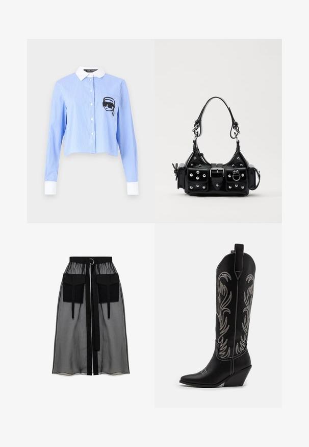 Zilā un baltā svītrainā krekla ar pogām, īsā garumā, ar melnu grafiku - saulesbrillēs tērpta galva krūšu kabatā. Balta apkakle un izgriezumi.; Melnā caurspīdīgā svārka ar salikto jostasvietu, kas ietver divas lielas priekšējās kabatas, jostas saitīti un apaļu metāla akcentu.; Melnas ādas kovboju zābakus ar norādītām pirkstiem, sānām paceltu papēdi un sudraba izšūtām ziedu rakstiem gar zābaka kāju. Kontrasta dūrieni visā zābakā.; Melnas ādas rokturmais ar izliekumu, ar sudraba iedurtiem, sprādzi un divām sānu kabatām. Regulējams siksniņas garums dažādām nēsāšanas iespējām.